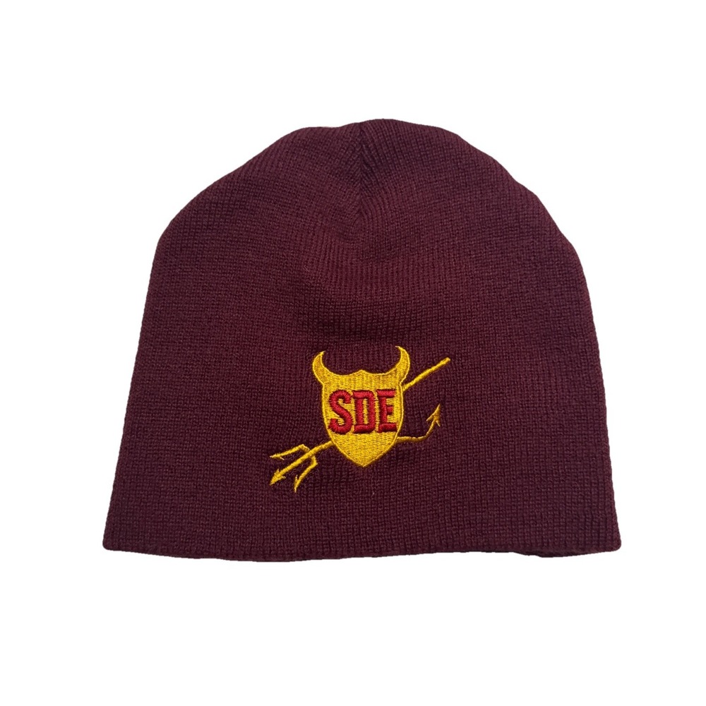 Cap America SDE Devil Shield Beanie Maroon Knit Skull Cap Hat‎ Made in USA TKN28